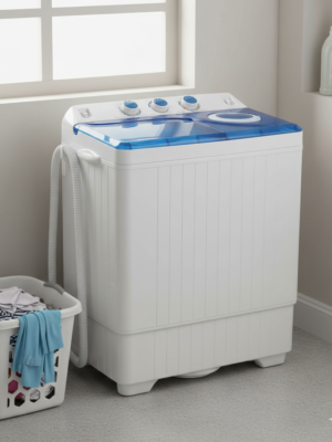 COSTWAY Portable Washing Machine, Twin Tub 26lbs Capacity Laundry Washer, 18lbs Washer and 8lbs Spinner Combo with Timer Knobs, Built-in Drain Pump, Compact Washer for Home Dorm Apartment, Blue+White