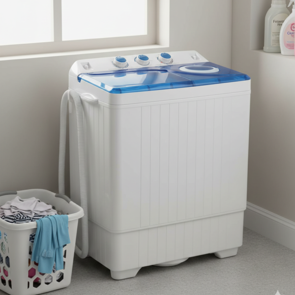 COSTWAY Portable Washing Machine, Twin Tub 26lbs Capacity Laundry Washer, 18lbs Washer and 8lbs Spinner Combo with Timer Knobs, Built-in Drain Pump, Compact Washer for Home Dorm Apartment, Blue+White