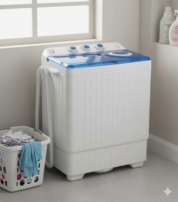 COSTWAY Portable Washing Machine, Twin Tub 26lbs Capacity Laundry Washer, 18lbs Washer and 8lbs Spinner Combo with Timer Knobs, Built-in Drain Pump, Compact Washer for Home Dorm Apartment, Blue+White